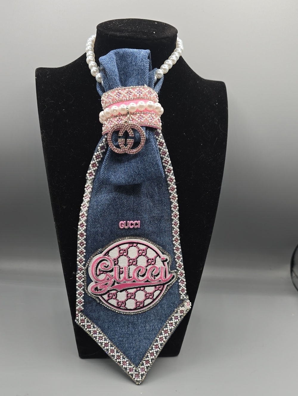 Denim Tie Necklace with Pink Crystal & Pearl Accents